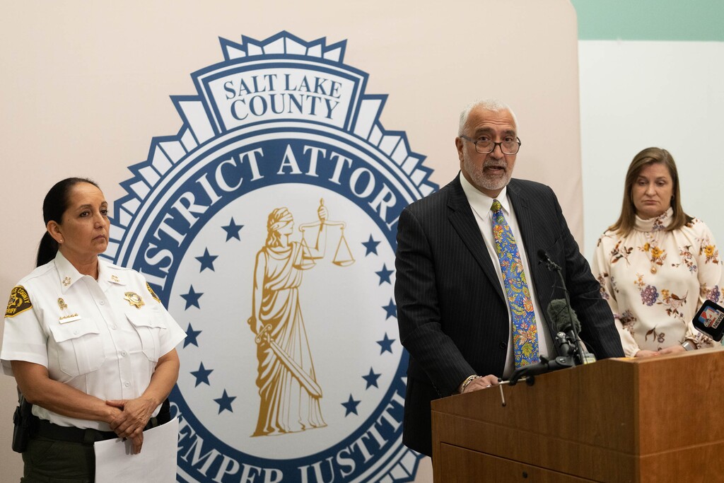 (Francisco Kjolseth | The Salt Lake Tribune) Sheriff Rosie Rivera, Salt Lake County District Attorney Sim Gill and Salt Lake County Mayor Jenny Wilson, from left, announce a settlement in its opioid lawsuit on Tuesday, April 26, 2022, against companies that will bring $57 million to the county to help battle the opioid epidemic.