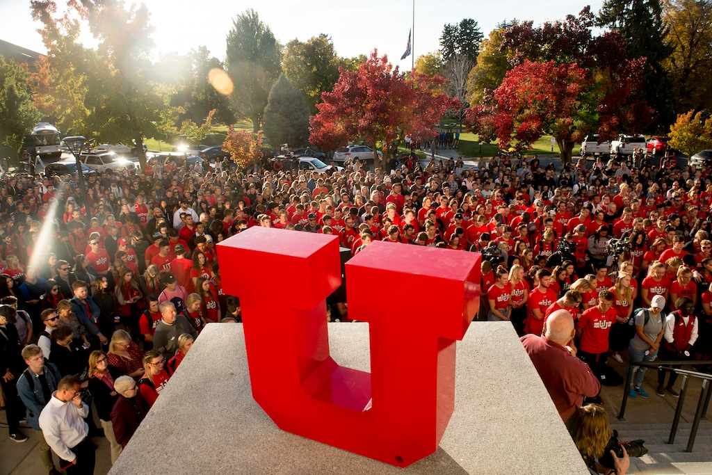 (Jeremy Harmon | The Salt Lake Tribune) Hundreds of students gather at the University of Utah during a vigil for Lauren McCluskey on Wed., Oct. 24, 2018. On Oct. 22, 2018, McCluskey was killed on campus after she was stalked and extorted by a man she briefly dated. The school has seen reports of stalking increase in recent years, with a peak in 2021.