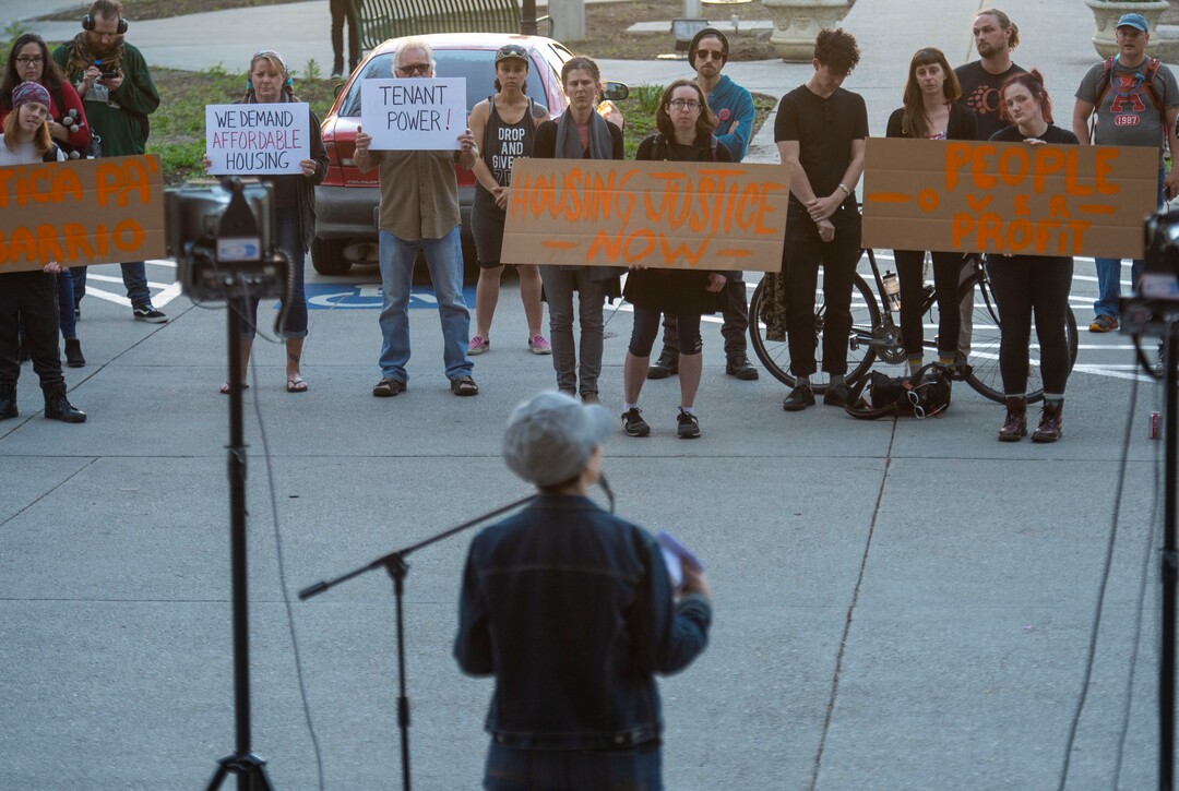(Rick Egan  |  The Salt Lake Tribune)       Homeless people gather outside the City County building for a demonstration before the city council meeting, Tuesday, April 23, 2019.