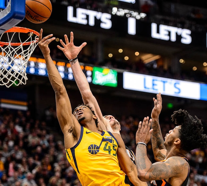 (Trent Nelson | The Salt Lake Tribune)  Utah Jazz guard Donovan Mitchell (45) shoots as the Utah Jazz host the Phoenix Suns, NBA basketball in Salt Lake City, Wednesday Feb. 14, 2018.