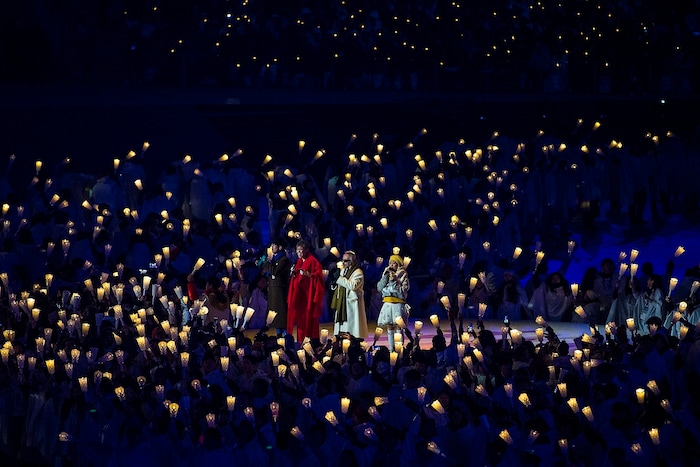 (Chris Detrick  |  The Salt Lake Tribune)  Korean singers Ha Hyun-woo, Jeon In-kwon, Lee Eun Mi, and Ahn Ji Young perform John Lennon's 'Imagine,' during the Pyeongchang 2018 Winter Olympics opening ceremony at Olympic Stadium Friday, February 9, 2018.  