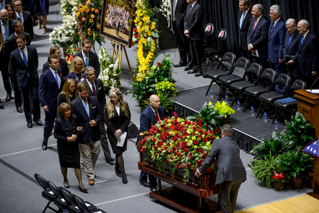 (Steve Griffin  |  The Salt Lake Tribune)  The casket of Jon Huntsman Sr. is brought into the Huntsman Center during funeral services on the University of Utah campus in Salt Lake City Saturday February 10, 2018.