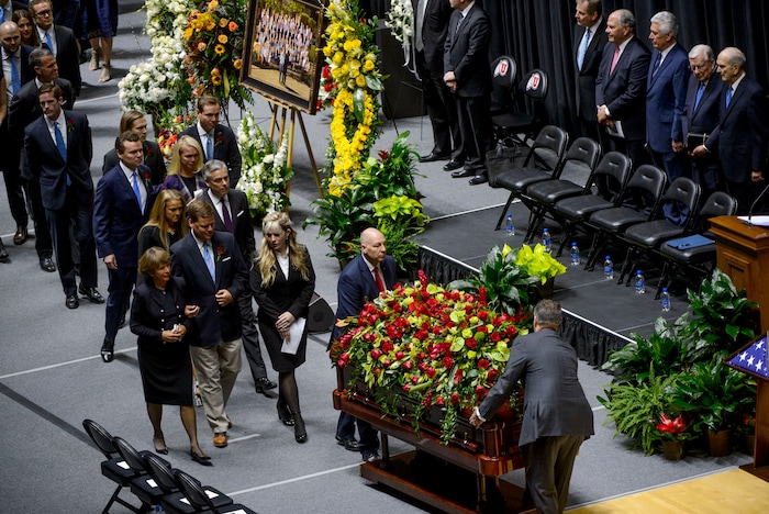 (Steve Griffin  |  The Salt Lake Tribune)  The casket of Jon Huntsman Sr. is brought into the Huntsman Center during funeral services on the University of Utah campus in Salt Lake City Saturday February 10, 2018.