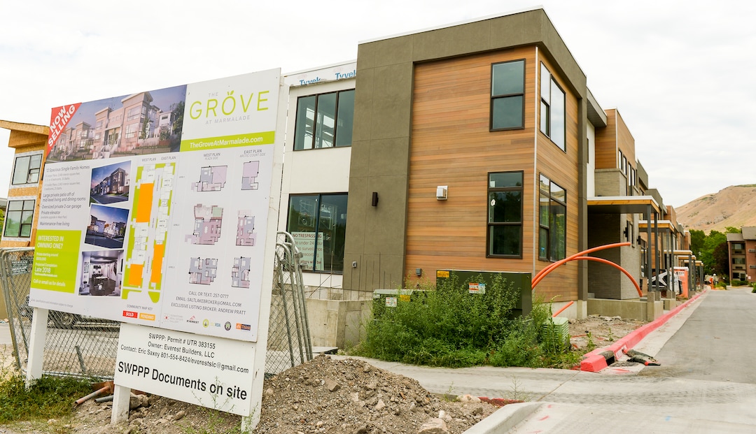 Leah Hogsten  |  The Salt Lake Tribune   The Grove at Marmalade at 260 West and 500 North under construction, July 18, 2018. Utah leads the nation in job growth by percentage over the last 12 months in construction, which saw a 6.2 increase in the number of jobs. 
