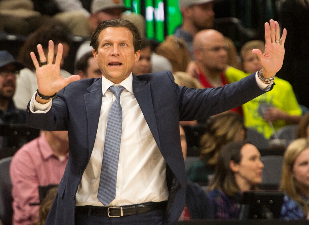(Rick Egan  |  The Salt Lake Tribune) Utah Jazz head coach Quin Snyder shots directions to his team, in preseason basketball Utah Jazz vs.Sydney Kings, in Salt Lake City, Sunday, October 2, 2017.