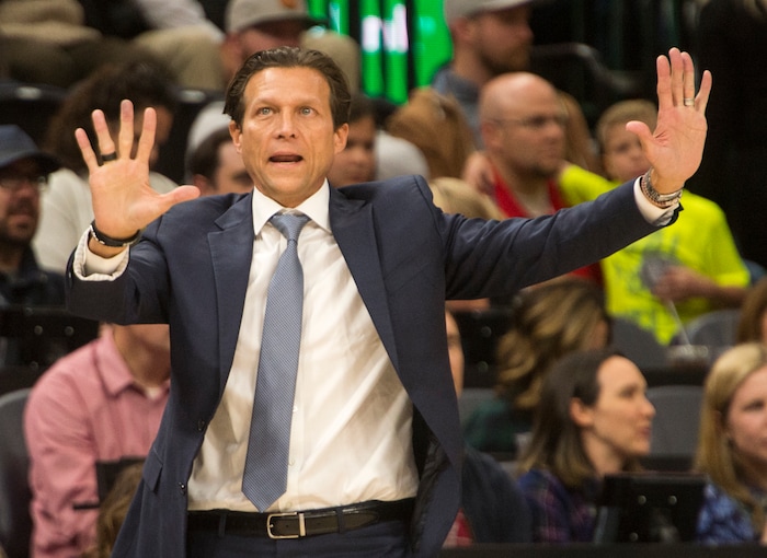 (Rick Egan  |  The Salt Lake Tribune) Utah Jazz head coach Quin Snyder shots directions to his team, in preseason basketball Utah Jazz vs.Sydney Kings, in Salt Lake City, Sunday, October 2, 2017.



