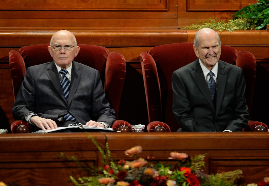 (Francisco Kjolseth  | Tribune file photo) President Dallin H. Oaks, first counselor in the First Presidency of The Church of Jesus Christ of Latter-day Saints, left, joins President Russell M. Nelson for the start of the Sunday afternoon session of the 189th twice-annual General Conference of The Church of Jesus Christ of Latter-day Saints at the Conference Center in Salt Lake City on Sunday, Oct. 6, 2019.