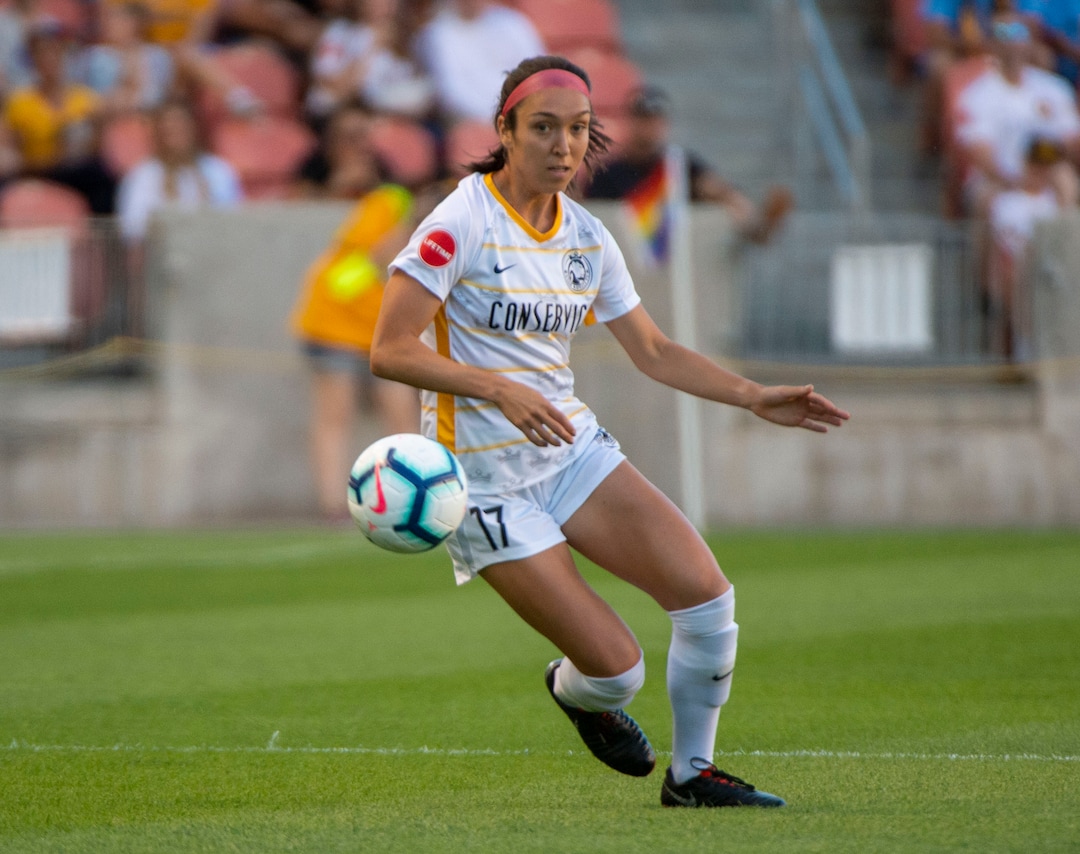 (Rick Egan  |  The Salt Lake Tribune)   Utah Royals FC defender Samantha Johnson (16) goes for the ball along in soccer action between Utah Royals FC and Seattle Reign FC in Sandy, Friday, June 28, 2019.