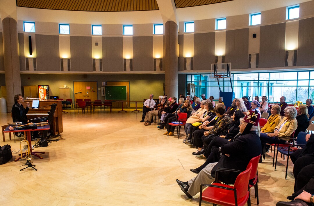 (Rick Egan  |  The Salt Lake Tribune)    Kurt Bestor talks to the crowd, during an intimate one-man show at Shriners' Hospital, Tuesday, Nov. 19, 2019.