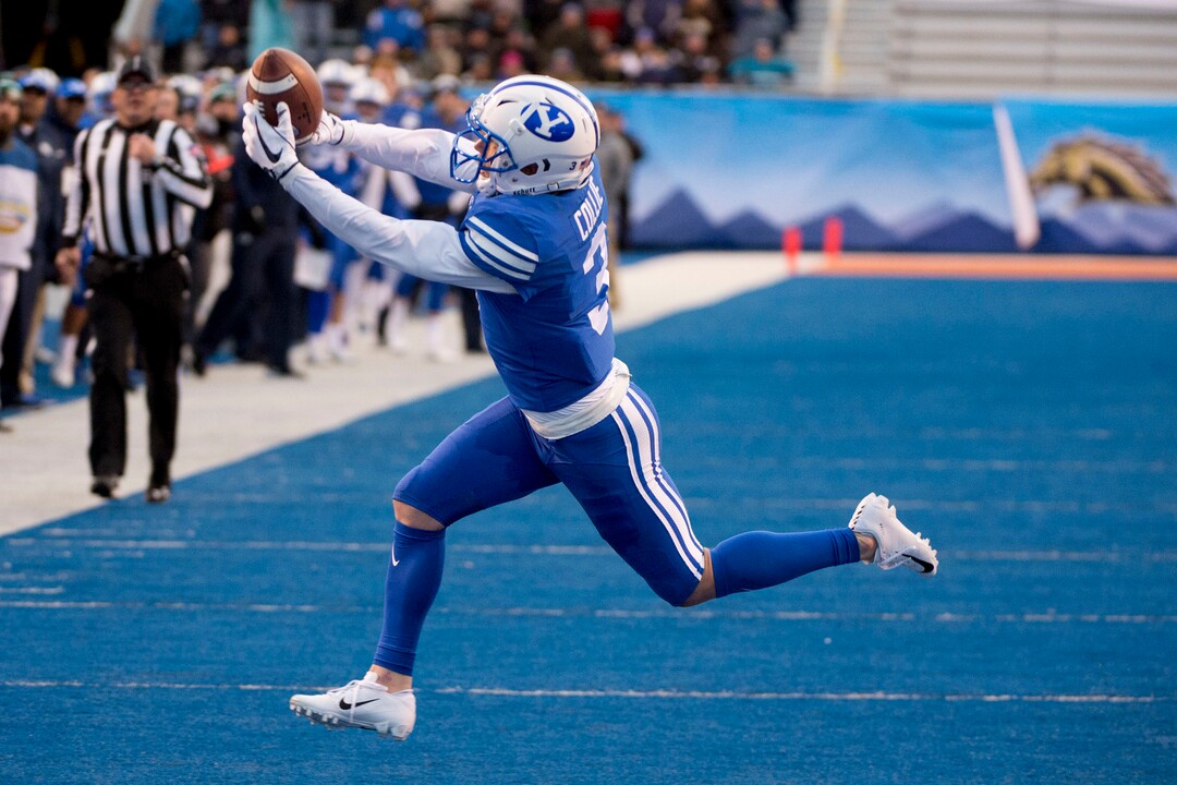 (Jeremy Harmon  |  The Salt Lake Tribune) Brigham Young Cougars wide receiver Dylan Collie (3) makes a big catch as BYU faces the Western Michigan Broncos in the Famous Idaho Potato Bowl in Boise, Idaho, on Friday, Dec. 21, 2018.