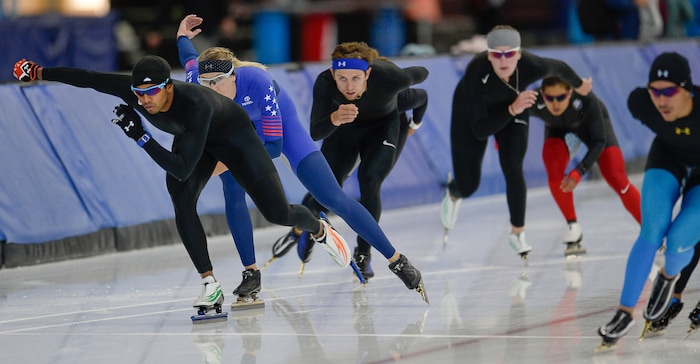 (Francisco Kjolseth | The Salt Lake Tribune) Stephen Paul, a speedskater from India, left, works out with other athletes from multiple countries during a recent training session at the Kearns Olympic Oval. Paul is trying to become the first person ever from his country in his sport to qualify for the Winter Olympics in PyeongChang 2018, South Korea. Training 6-8 hours a day, 6-days a week, Paul moved to Salt Lake City four and half years ago to train.