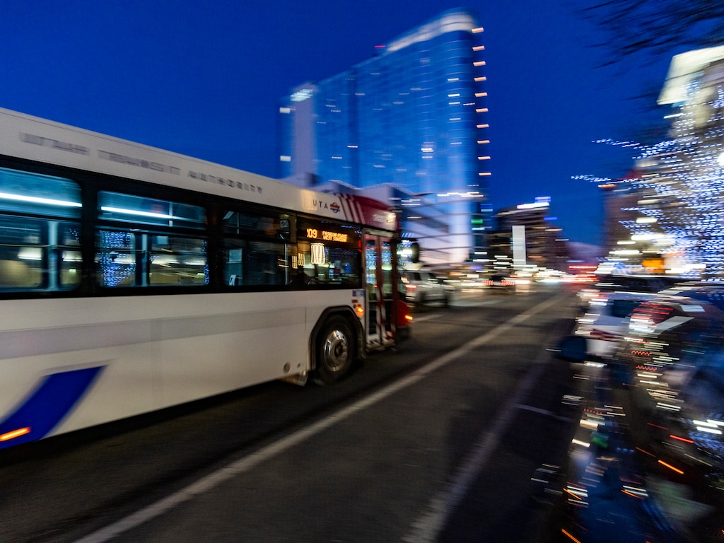 (Rick Egan | The Salt Lake Tribune)  UTA bus drives up 200 South, on Thursday, Feb. 9, 2023.
