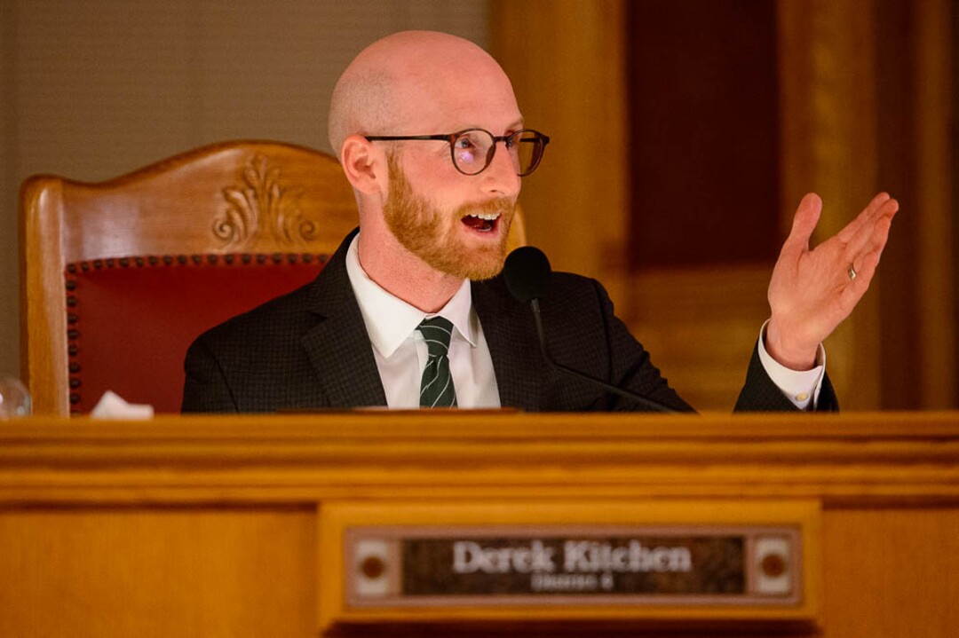 (Trent Nelson | The Salt Lake Tribune)  Outgoing Salt Lake City Council Member Derek Kitchen gives his farewell marks at the council meeting on Tuesday Nov. 27, 2018.