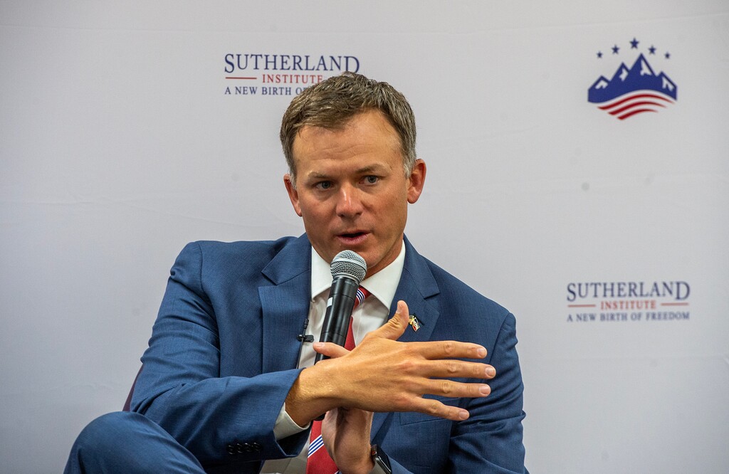 (Chris Samuels | The Salt Lake Tribune) U.S. Rep. Blake Moore, R-Utah, speaks at an event for the Sutherland Institute at Weber State University in Ogden, Tuesday, Aug. 29, 2023.