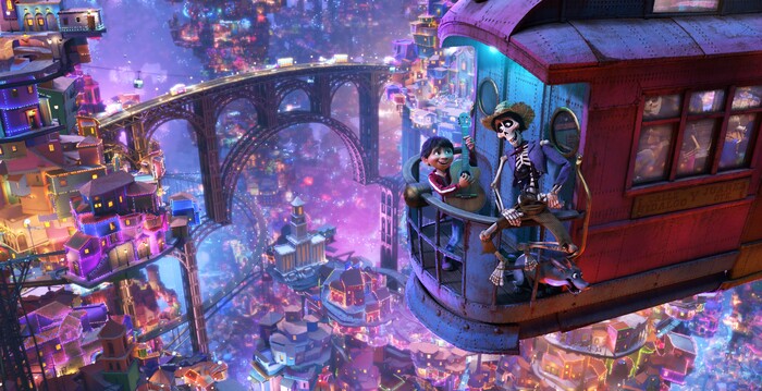 In this image released by Disney-Pixar, character Hector, voiced by Gael Garcia Bernal, right, and Miguel, voiced by Anthony Gonzalez, appear in a scene from the animated film, "Coco." (Disney-Pixar via AP)