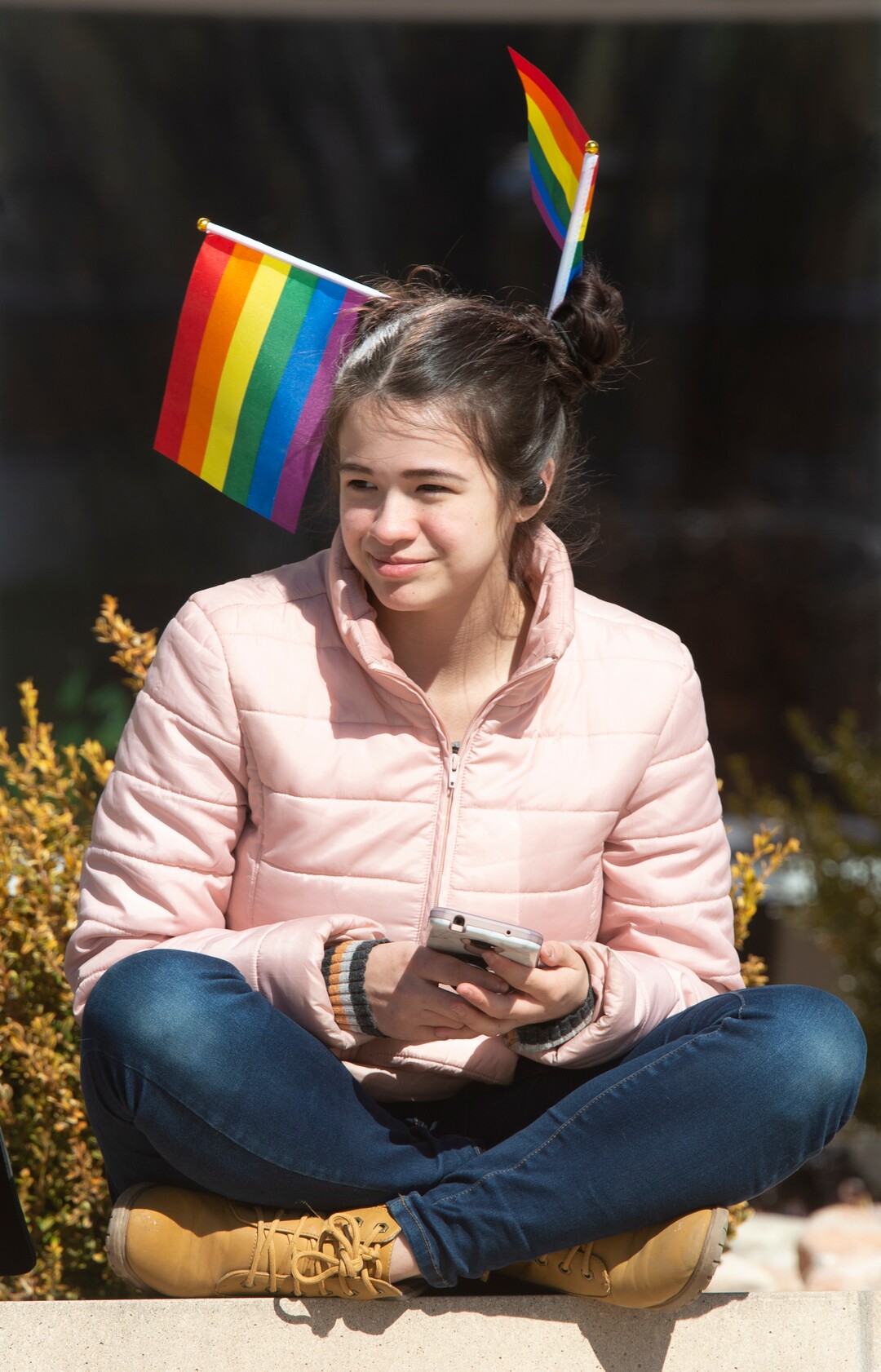 (Rick Egan  |  The Salt Lake Tribune)   
Alyssa Mingorance wears flags in her hair to celebrate Rainbow Day on the BYU Campus, Wednesday, Feb. 26, 2020.