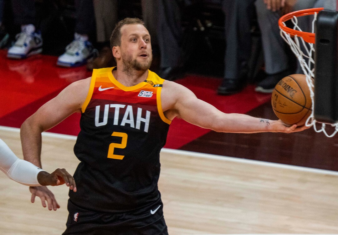 (Rick Egan | The Salt Lake Tribune) Utah guard Joe Ingles (2) scores for the Jazz, in second round playoff action in game 2 between the Utah Jazz and the LA Clippers, at Vivint Arena, on Thursday, June 10, 2021.