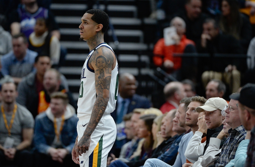 (Francisco Kjolseth  |  The Salt Lake Tribune) Utah Jazz guard Jordan Clarkson (00) stands on the sideline as the Utah Jazz host the Denver Nuggets in their NBA basketball game at Vivint Smart Home Arena in Salt Lake City on Wednesday, Feb. 5, 2020.