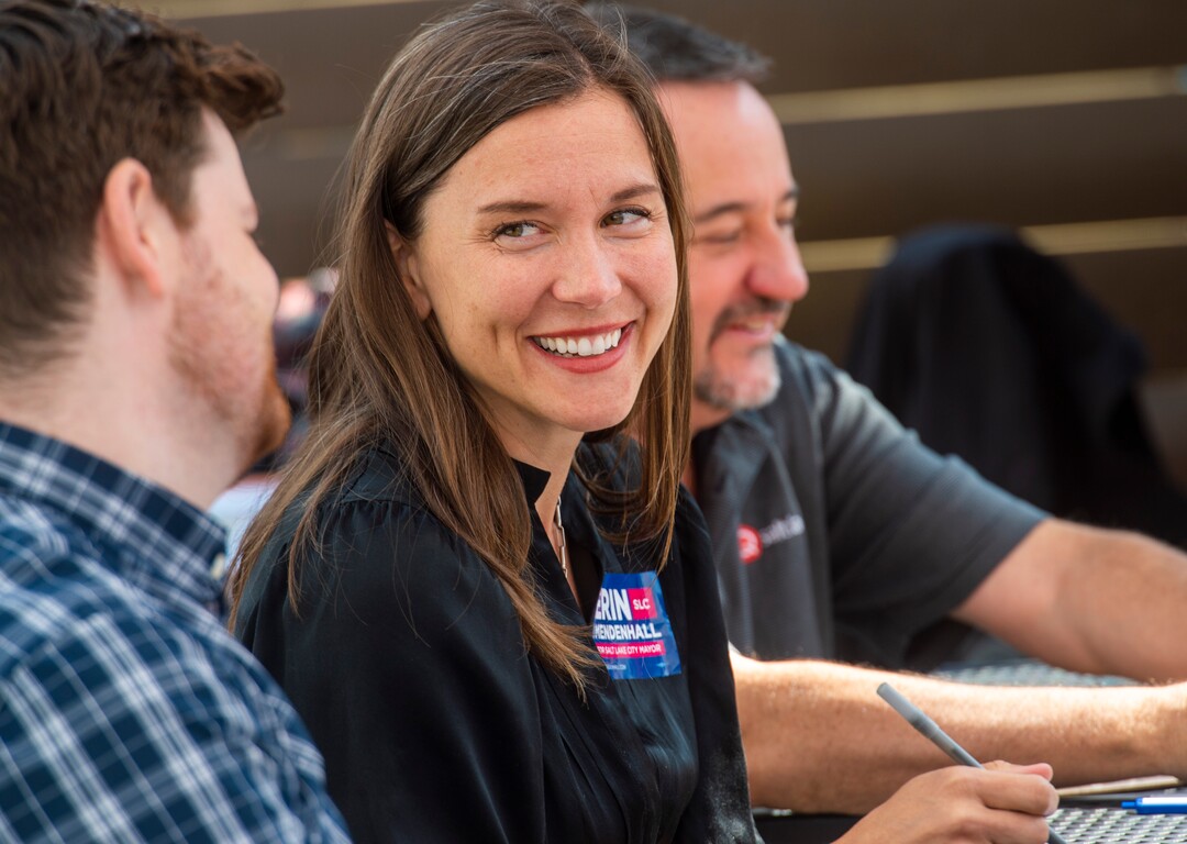 (Rick Egan  |  The Salt Lake Tribune)      Salt Lake City Mayor candidate Erin Mendenhall shares a laugh with Chris Wharton, as they they judge the jam competition along with Michael Aaron, at the Marmalade Jam Fest, Saturday, Sept. 21, 2019.