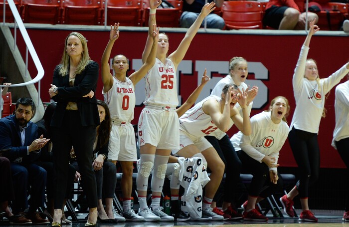 (Francisco Kjolseth  |  The Salt Lake Tribune)  The Utah bench erupts during a three-pointer as Utah hosts UNLV in women's NCAA basketball at the Huntsman Center, Thursday, March 15, 2018.