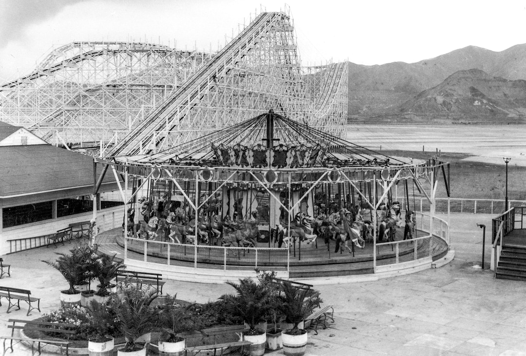 (The Salt Lake Tribune) Saltair Resort's Giant Racer roller coaster, once famed as the world's tallest coaster and the merry-go-round in 1934. 