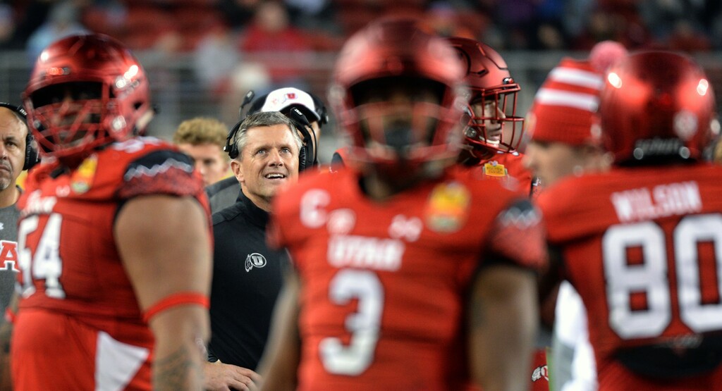 Steve Griffin / The Salt Lake Tribune file photo
Utah Utes head coach Kyle Whittingham looks up to the scoreboard to see if a replay shows if Utah Utes running back Joe Williams (28) fumbled the ball during the Foster Farms Bowl at Levi's Stadium in Santa Clara California Wednesday December 28, 2016.