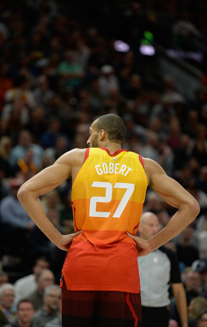 (Francisco Kjolseth  |  The Salt Lake Tribune)  Utah Jazz center Rudy Gobert (27) and his broad shoulders take on the Sacramento Kings in the NBA game at Vivint Smart Home Arena Wed., Nov. 21, 2018, in Salt Lake City.
