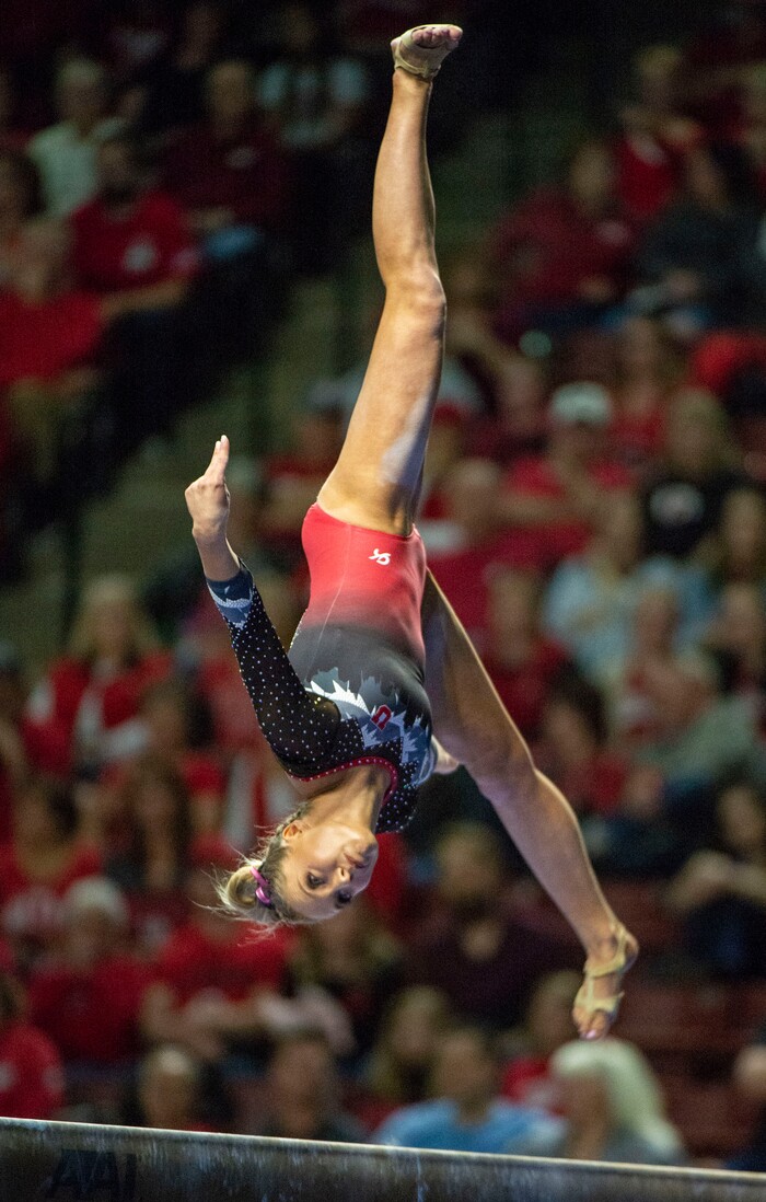 (Rick Egan  |  The Salt Lake Tribune)    MyKayla Skinner competes on the balance beam for Utah, in the PAC-12 Gymnastics Championships at the Maverik Center, Saturday, March 23, 2019.


