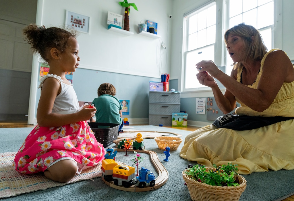 (Rick Egan | The Salt Lake Tribune) Simone and teacher Tracy play with toys at the Sammy Center Preschool on Thursday, Aug. 3, 2023. Many child care providers will likely pass cost increases on to parents when federal "stabilization" grants begin to phase out in October.