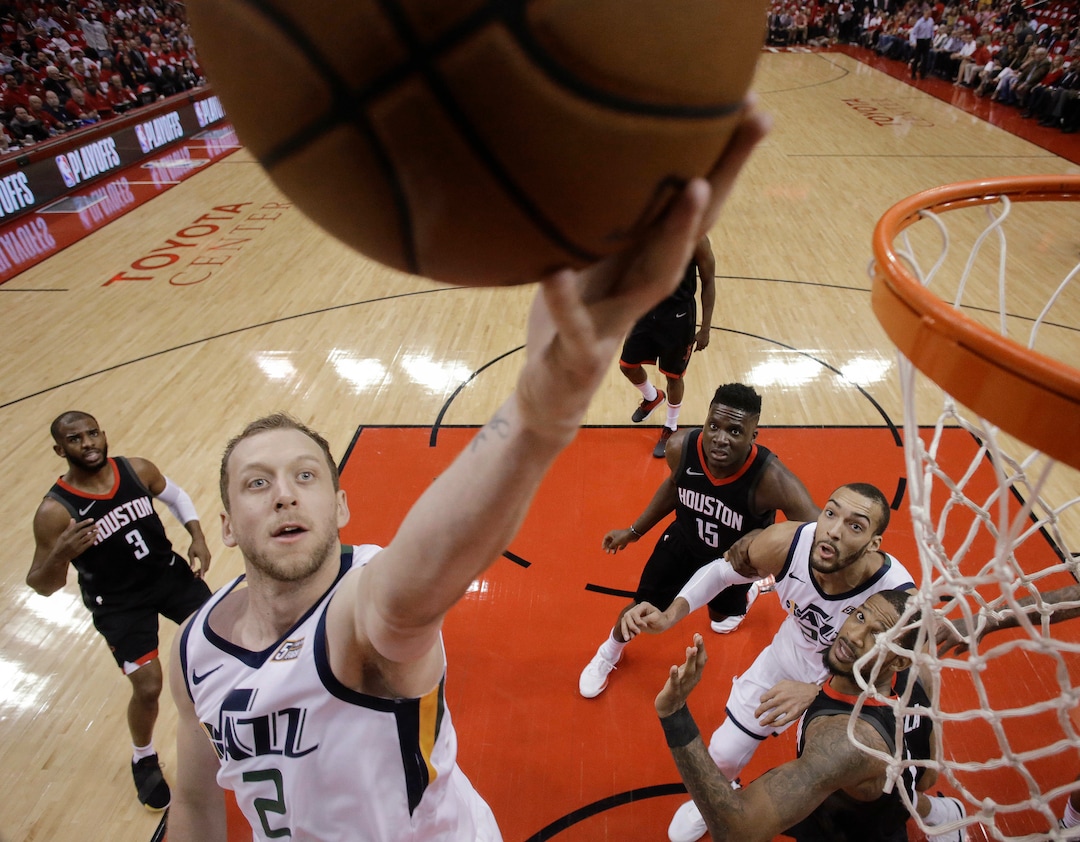 Utah Jazz forward Joe Ingles (2) drives to the basket during the first half in Game 2 of an NBA basketball second-round playoff series against the Houston Rockets, Wednesday, May 2, 2018, in Houston. (AP Photo/Eric Christian Smith)
