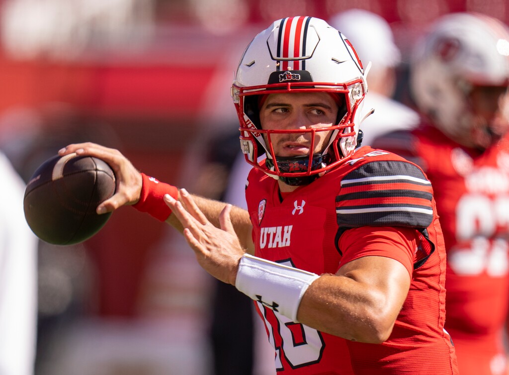 (Rick Egan | The Salt Lake Tribune) Utah Utes quarterback Bryson Barnes (16) throws a pass during warmups before football action between the Utah Utes and the Weber State Wildcats, at Rice-Eccles Stadium, on Saturday, Sept. 16, 2023.