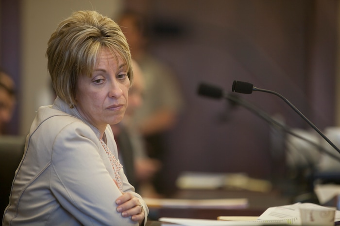 (Chris Caldwell  |  Pool Photo)  Deputy County Attorney Angela Adams during the detention hearing and the initial appearance for the 16-year-old boy accused of bringing a bomb to Pine View High School Wednesday, March 28, 2018.