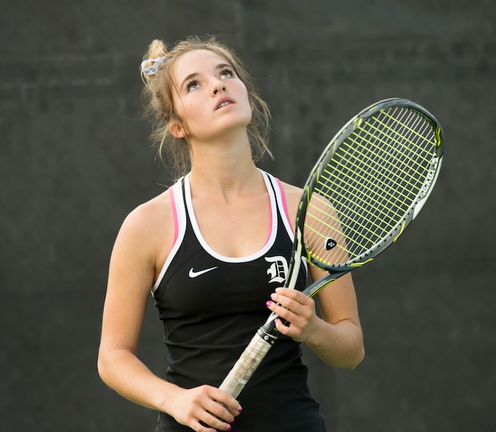(Rick Egan  |  The Salt Lake Tribune) Mackenzie Turley, Davis High, reacts after missing a shot, as she plays Daniella Aaron, Lone Peak, in the 6A High School tennis championship game.  Turley defeated Aaron to place first in the #1 singles Friday, October 6, 2017.


