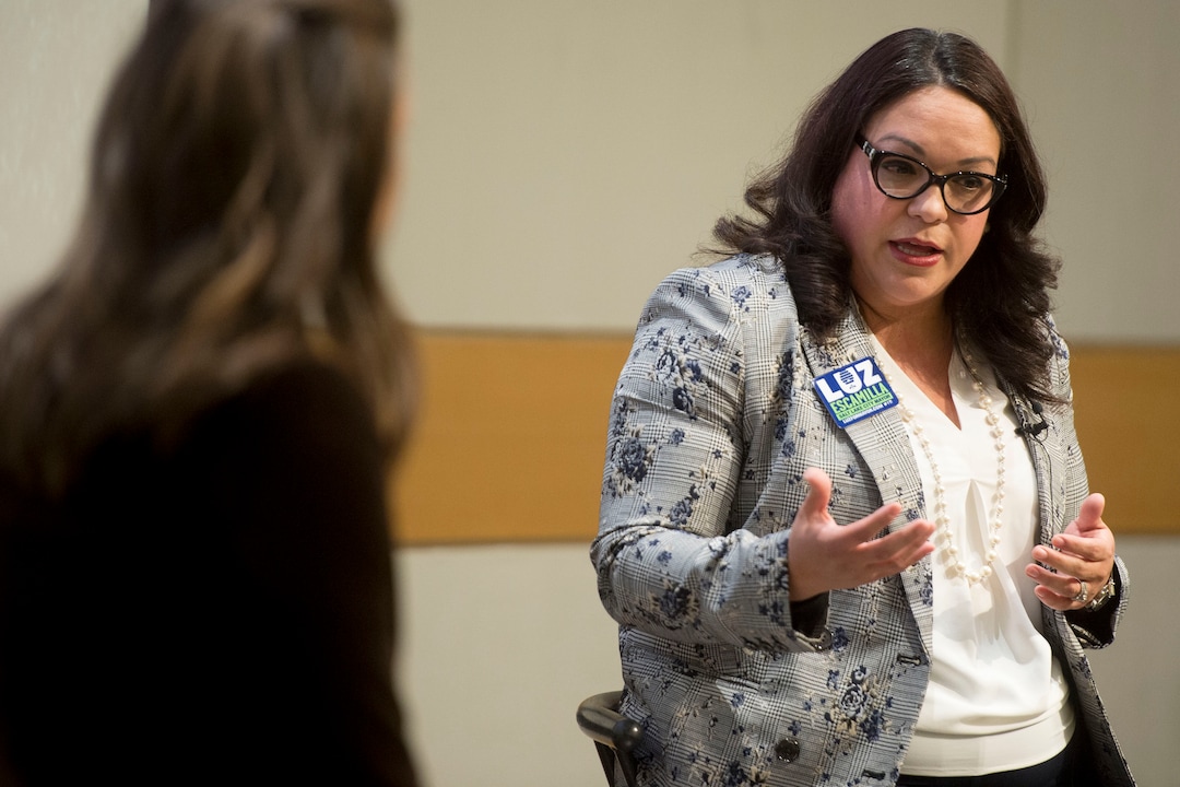 (Jeremy Harmon  |  The Salt Lake Tribune) Salt Lake mayoral candidate Luz Escamilla makes a point during a debate with Erin Mendenhall on Monday, Oct. 14, 2019.