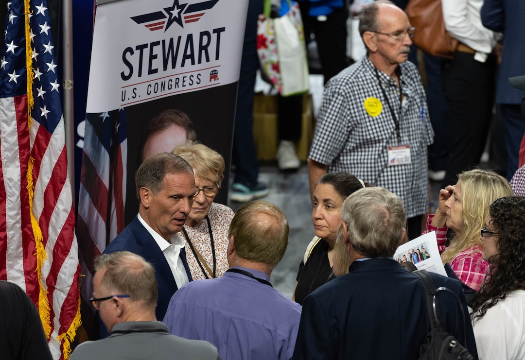 (Francisco Kjolseth | The Salt Lake Tribune) Rep. Chris Stewart speaks with delegates during the Utah Republican Party’s 2021 Organizing Convention at the Maverik Center in West Valley City on Saturday, May 1, 2021, as they return to an in-person format after the pandemic forced the nominating convention to go online last year.