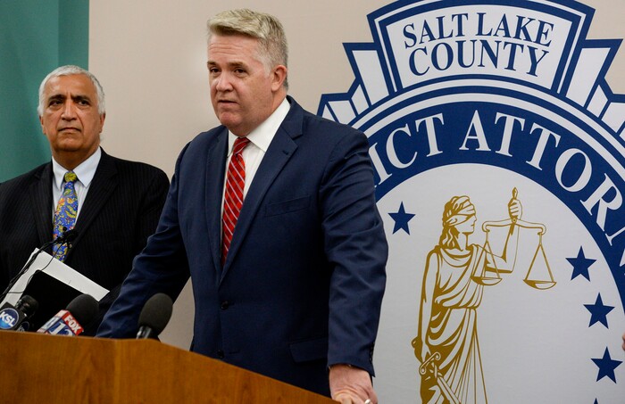 (Leah Hogsten | The Salt Lake Tribune) l-r Salt Lake County District Attorney Sim Gill and U.S. Attorney John Huber during a joint FBI Child Exploitation Task Force press conference Tuesday to warn Utahns of the "hypersexualized virtual world" and to report the task force's findings in the fight to prevent children from being lured by internet predators and raped, kidnapped or murdered, Nov. 19, 2019. The multi-agency representatives reported that the task force netted 30 perpetrators in just four days in one month and called attention to the need for parents to police their children's online presence. "We expect you to step up and protect your children," said Gill.