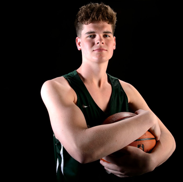 (Steve Griffin  |  The Salt Lake Tribune)  Prep basketball Jeremy DowDell, Olympus, in the Salt Lake Tribune studio in Salt Lake City Tuesday April 10, 2018.