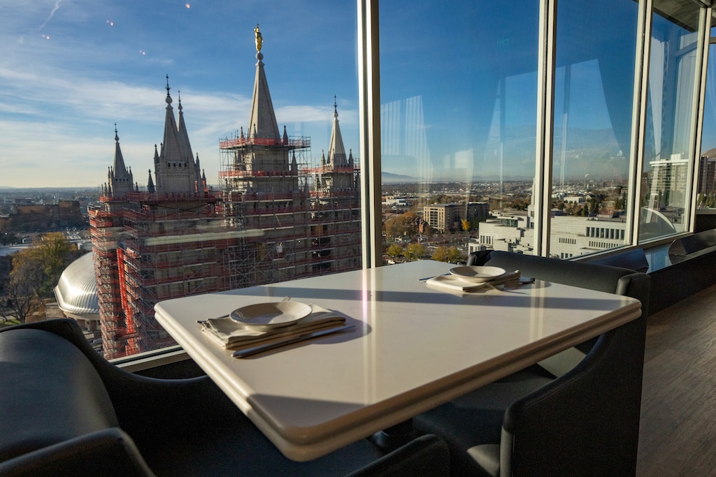 (Rick Egan | The Salt Lake Tribune) A view of the Salt Lake Temple from The Roof, the restaurant on the 10th floor of the Joseph Smith Memorial Building in Salt Lake City, on Tuesday, Nov. 11, 2025.

