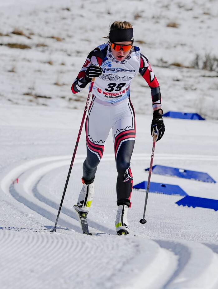(Francisco Kjolseth | The Salt Lake Tribune) Novie McCabe  of the University of Utah races to a first place finish as she competes in the women’s 5K classic in the NCAA Skiing Championships held at the Soldier Hollow Nordic Center on Thursday, March 10, 2022 in Midway, Utah.