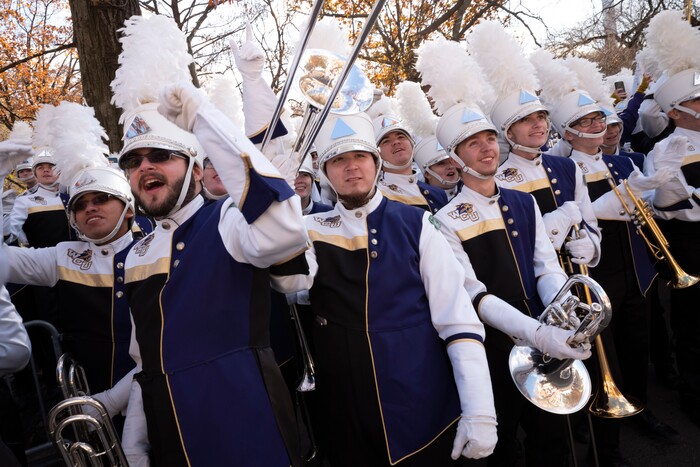 (Mark Lennihan | AP) Members of the Western Carolina University marching band cheer as floats go by during the Macy's Thanksgiving Day Parade, Thursday, Nov. 28, 2019, in New York.