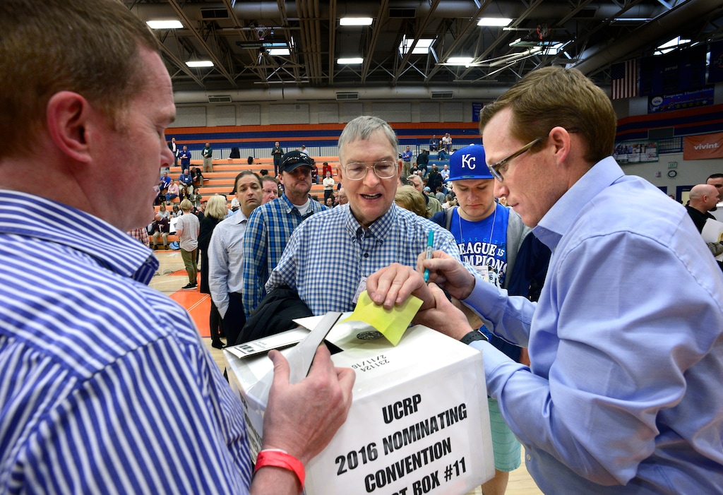 Scott Sommerdorf   |  The Salt Lake Tribune  Delegates to the Utah County Republican Convention chose vote in the District 14 race in the "Thunderdome" basketball arena, at Timpview High in Provo, Saturday, April 16, 2016. 