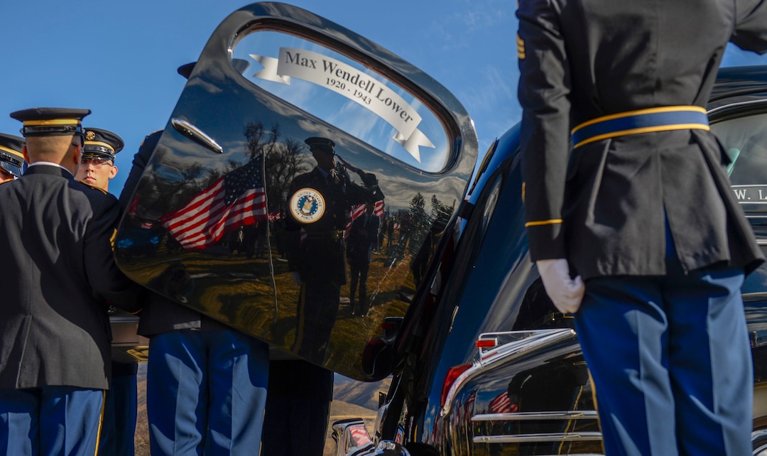 (Leah Hogsten  |  The Salt Lake Tribune)  World War II airman Max W. Lower is buried with full military honors and a military aircraft flyover on Saturday, November 23, 2019, the Lewiston City Cemetery, 77 years after he was deployed overseas. Lower, a radio operator on a B-24 Liberator bomber, was killed when the plane was shot down Aug. 1, 1943, over Ploiesti, Romania. The Lewiston native was 23.