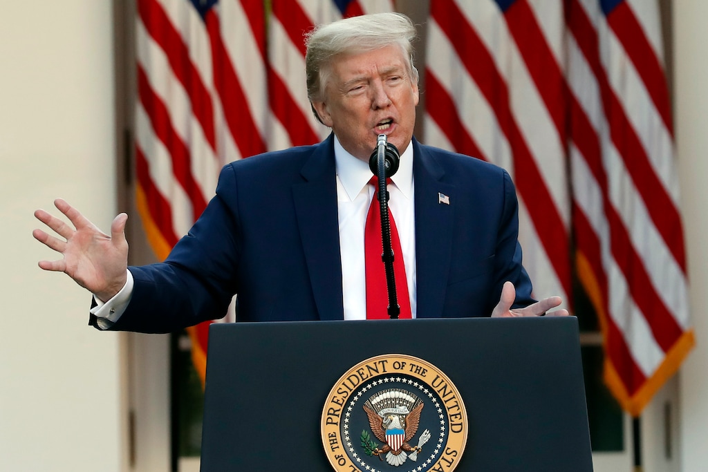 (Alex Brandon | AP) President Donald Trump speaks about the coronavirus in the Rose Garden of the White House, Monday, April 27, 2020, in Washington. Trump says states should “seriously consider” reopening their public schools before the end of the academic year, even though dozens already have said it would be unsafe for students to return until the summer or fall.