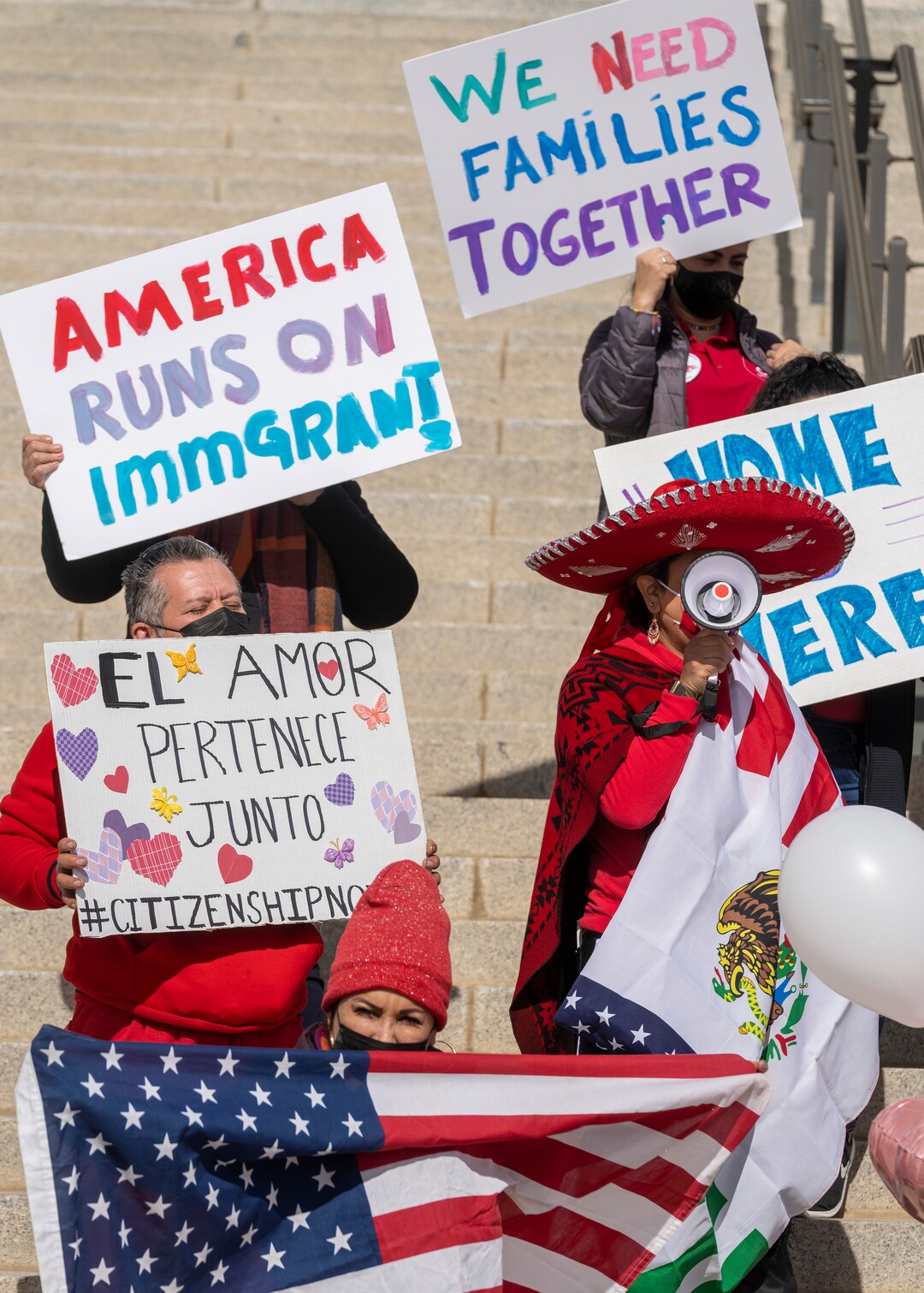 (Rick Egan | The Salt Lake Tribune)  Participants gather on the steps of the Capitol, for the national Day Without Immigrants rally, on Monday, Feb. 14, 2022.