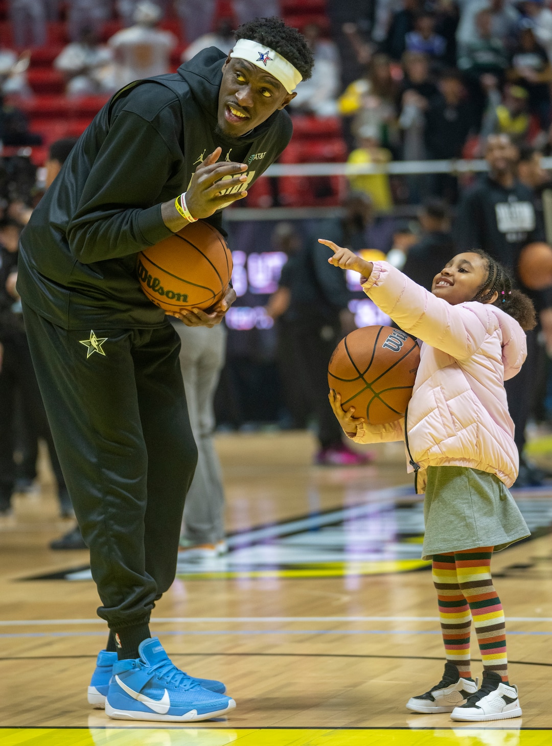 (Rick Egan | The Salt Lake Tribune) Pascal Siakam wams up with a little friend during the All-Star Practice at the Jon M. Huntsman Center on Saturday, Feb. 18, 2023.