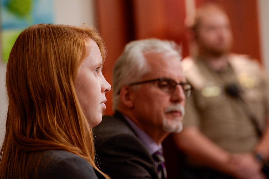 (Leah Hogsten | The Salt Lake Tribune) Tilli Buchanan sits before Judge Kara Pettit's Third District Courtroom, Nov. 19, 2019. Her attorneys Leah Farrell with the American Civil Liberties Union of Utah and Randy Richards argued on her behalf that Utah's lewdness statute is unconstitutional because it discriminates against women. Buchanan is facing charges of lewdness involving a child after police say she took off her top while cleaning out the garage and her stepchildren saw her breasts. Judge Pettit is expected to rule in two months.