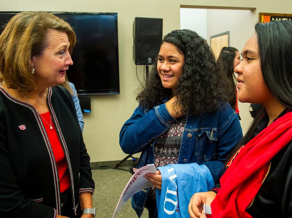 (Rick Egan  |  The Salt Lake Tribune)   University of Utah President Ruth Watkins visits (Rick Egan  |  The Salt Lake Tribune)   Granger High Students Lina Leo, and Ioana Johanson, after a news conference, as the University of Utah announced a new scholarship and tuition program at Granger High School, Thursday, Nov. 7, 2019.