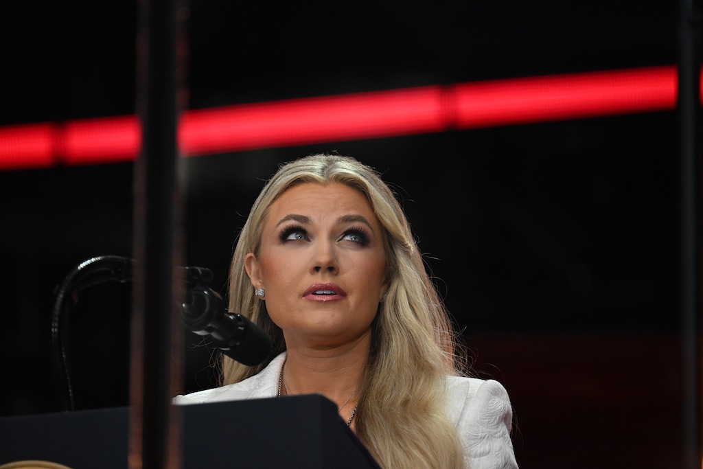(Kenny Holston | The New York Times) Erika Kirk, widow of Charlie Kirk and the new CEO of Turning Point USA, speaks during the memorial for her late husband at State Farm Stadium in Glendale, Ariz., on Sunday, Sept. 21, 2025.