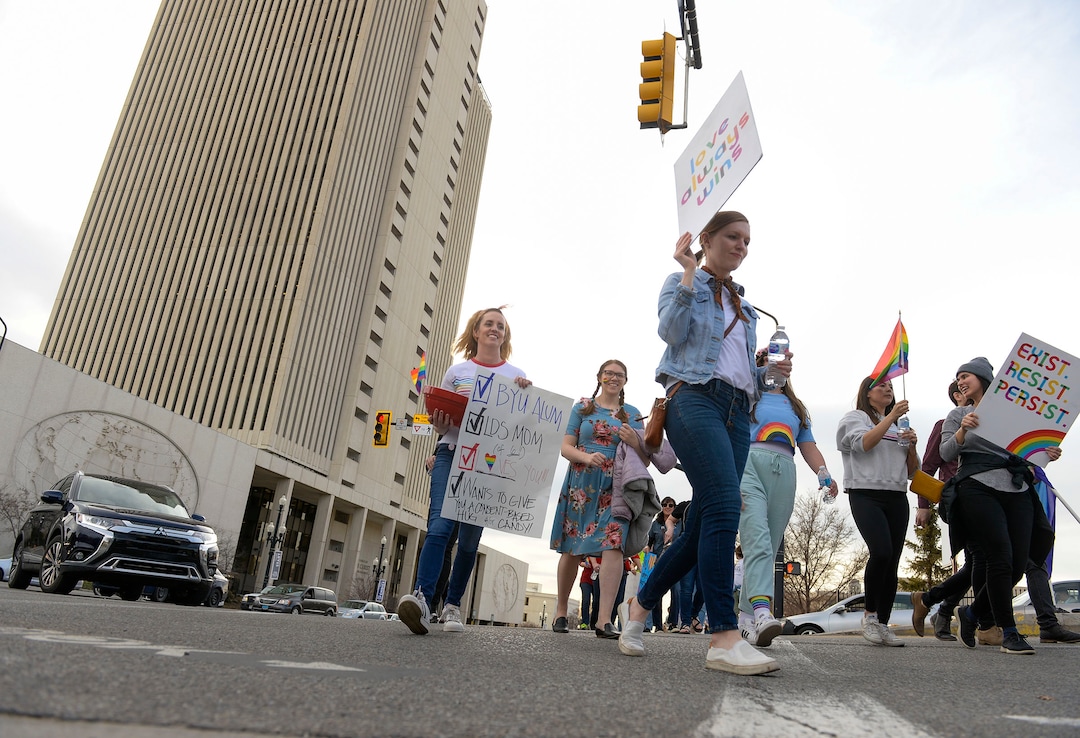 (Leah Hogsten  |  The Salt Lake Tribune)  Brigham Young University LGBTQ students took their concerns about the school’s policy reversal regarding romantic behavior by same-sex couples to The Church of Jesus Christ of Latter-day Saints office building, Mar. 6, 2020. Despite removing the section on “homosexual behavior” from BYU Honor Code last month, The LDS Church has clarified for the first time that same-sex romantic behavior is still “not compatible” with the rules at BYU.