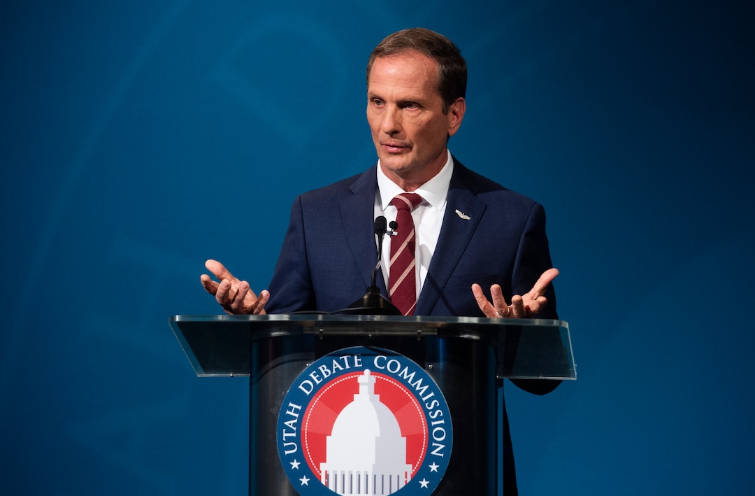 (Rick Egan  |  The Salt Lake Tribune)   Chris Stewart (R) speaks during the 2nd Congressional District debate between J. Robert Latham (L), Chris Stewart (R) and Kael Weston (D), at KSL Studio in Salt Lake City, on Monday, October 19, 2020